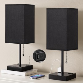 Plus Black Bedside Table Lamps Set of 2 - Bedroom Lamps with 3 Colors (3000K/5000K/4000K), Square Nightstand Lamp with USB C + A Charging Ports and 2 AC Outlets, Pull Chain Night Light for End Table