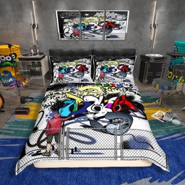 Homewish Graffiti Single Duvet Cover Set Teenage Boy Hip Hop Bedding Sets for Kids, Graffiti Wall Art Design Comforter Cover Abstract Hippie Urban Doodle Pattern Duvet Set, 1 Pillowcase