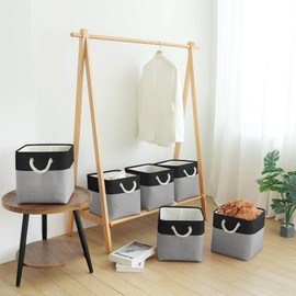 FinishingBo Fabric Cubes Storage Basket, 6 Pack 11x11 in with Handles Foldable Cube Storage Bins, for Shelves, Home, Office, Nursery Organizers (Black/ Gray)