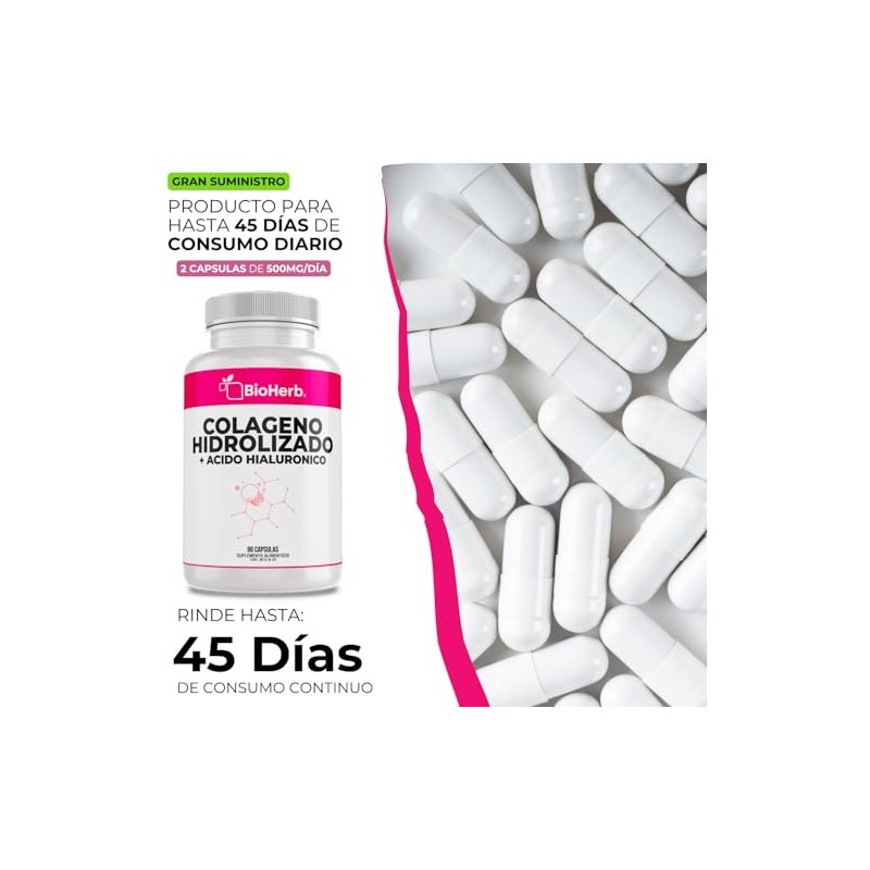 BioHerb® | Colágeno Hidrolizado y Ácido Hialurónico con 90 Cápsulas