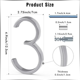 VONDERSO 5 Inch Floating House Numbers and Letters for Outside, Modern Metal Address Number 3, with Weather Resistant Silver Powder Coating, No Fading (Glossy Silver)