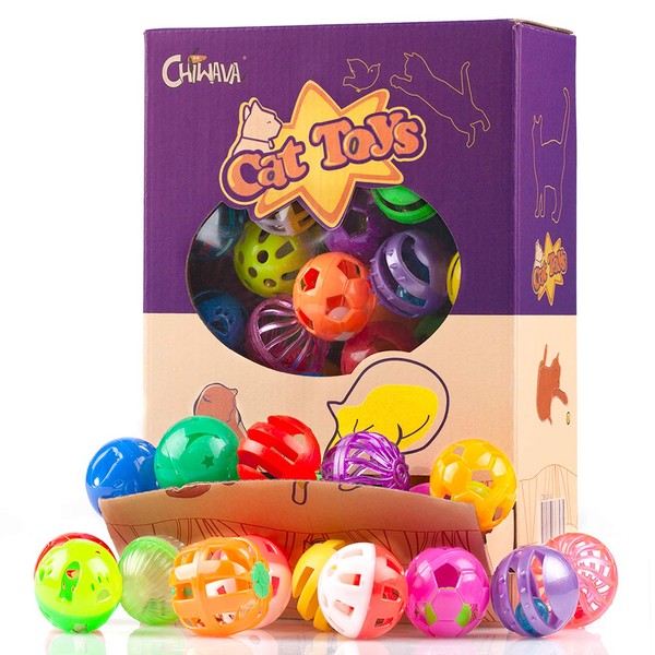 CHIWAVA 48 Pack Plastic Noisy Cat Toy Balls with Bell Kitten Chase Toy 8 Types Assorted Color Size