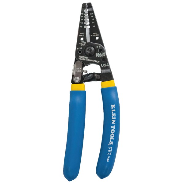KLEIN TOOLS Wire Stripping Cutter Tool, Strong Gripping Serrated Nose, Double Grip Comfortable Handle with Lock 11055, Blue, 10 - 18 Awg Solid, 12 - 20 Awg Stranded