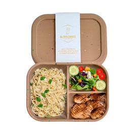 ALTA'S CHOICE SILICONE BENTO LUNCH BOX (BROWN) Leak-Proof Lunchbox, 3 Compartments. BPA, Phthalate, Lead, & PVC Free. Bento Lunch Box for Kids and Adults. Microwave, Dishwasher Safe, Reusable.