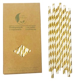 Glistening Gold Striped Paper Straws for Cake Pops Sticks, 100 PCS Disposable Drinking Paper Straw for Wedding Decorate, Glittering Color
