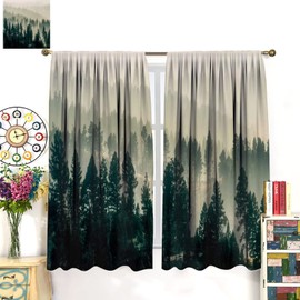 Foggy Forest Curtain, Misty Green Forest Natural Landscape Pine Larch Trees Mist Mountain Room Darkening Door Window Rod Pocket Curtain for Bedroom Living Room 42x45in