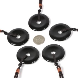 Natural Black Obsidian Peace Donut Healing Crystal 50mm Round Shaped Stone Pendant Braided Cord Healing Crystal Stone Spiritual Necklace for Men Women 28 Inch