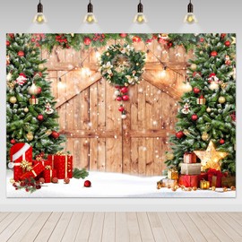 Avezano Rustic Christmas Barn Wood Door Backdrop for Photography X-mas Tree Snow Gifts Photo Background Christmas Holiday Family Photoshoot Banner for Picture Studio Prop (7x5ft)