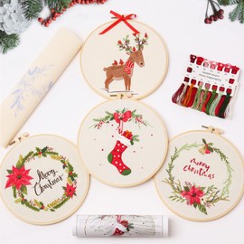 Embroidery Kits Christmas 4set with Patterns and Instructions, DIY Adult Christmas Cross Stitch Kits, Including 4 Plastic Embroidery Rings, 1 Pair of Scissors, Colored Threads and Needles