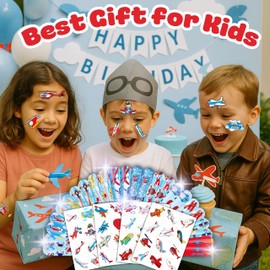 72PCS Airplane Party Favors - 48 Pre-cut Temporary Tattoos & 24 Airplane Slap Bracelets - Themed Birthday Party Supplies for Boys & Girls - Perfect Decorations, Gifts, School Prizes, Carnival Rewards
