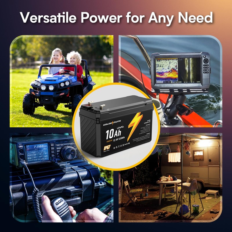 GOLDENMATE 12V 10Ah LiFePO4 Lithium Battery, 5000+ Deep Cycles, IP67