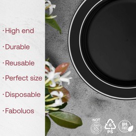 Smarty Had A Party Dinnerware Set for 120 Guests, Black with Silver Rim 7.5 Inch Salad Plates, Elegant Disposable Plates