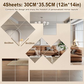 4 Pcs Small Acrylic Mirror for wall， 12 x 14 Inch Full Body Acrylic sheets Shatterproof Unbreakable Mirror Tiles stickers, Self Adhesive Non-Glass for Bathroom Bedroom Home Gym Wall Decorations