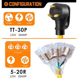 30 Amp to 20 Amp 110V RV Cord Distribution Plug Adapter, NEMA TT-30P to 3X 5-20R Household Outlet, 3 Prong to LIT 3-Way Outlet Splitter for RV Generators with Lighted End, 1FT