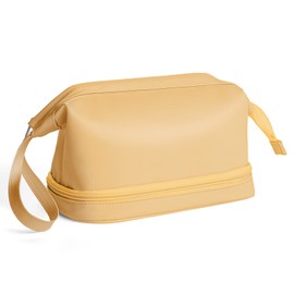 Luvtoo PU Portable Travel Cosmetic Storage Bag, Large Capacity Bag, Waterproof Storage Bag, Multifunctional Cosmetic Bag for Women Girl Brown Double Layer