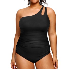 Aqua Eve Plus Size One Piece Swimsuit One Shoulder Bathing Suit Tummy Control Keyhole Swimwear Black-1 20W