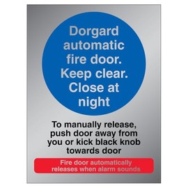 V Safety Photoluminescent Dorgard Automatic Fire Door - To Manually Release Push Door 150 x 200 mm - 3mm Brushed Aluminium Composite Safety Sign