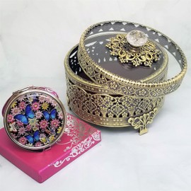 T-box Vintage Antique Decorative Metal Jewelry Trinket Ring Box and Compact Handheld Mirror Gift Set of 2 for Birthday, Wedding Anniversary, Valentine's Day, Mother’s Day (Matte Gold)