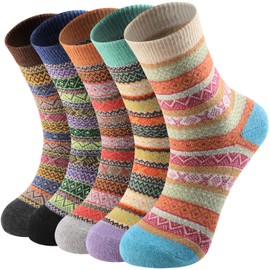 Wool Socks - 5 Pairs Socks Women, Breathable Thermal Wool Socks for Women, Thick Women Wool Socks for Home Office School Hiking, Ideal Christmas Gifts, Colourful