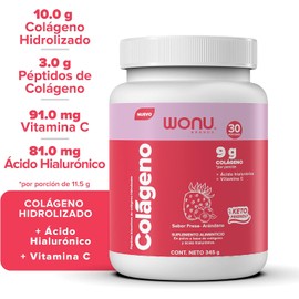 WONU I Colágeno Hidrolizado I 345g I 30 Servicios I Sabor Fresa-Arándano I Con Ácido Hiluronico Y Vitamina I Sin Azúcar