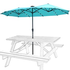 FREE SOLDIER 13FT Double-Sided Patio Umbrellas With 36 LED Lights, Outdoor Extra Large Umbrella with Crank, Market Twin Table Umbrella with Solar lights for Patio Garden Yard Pool (Turquoise)
