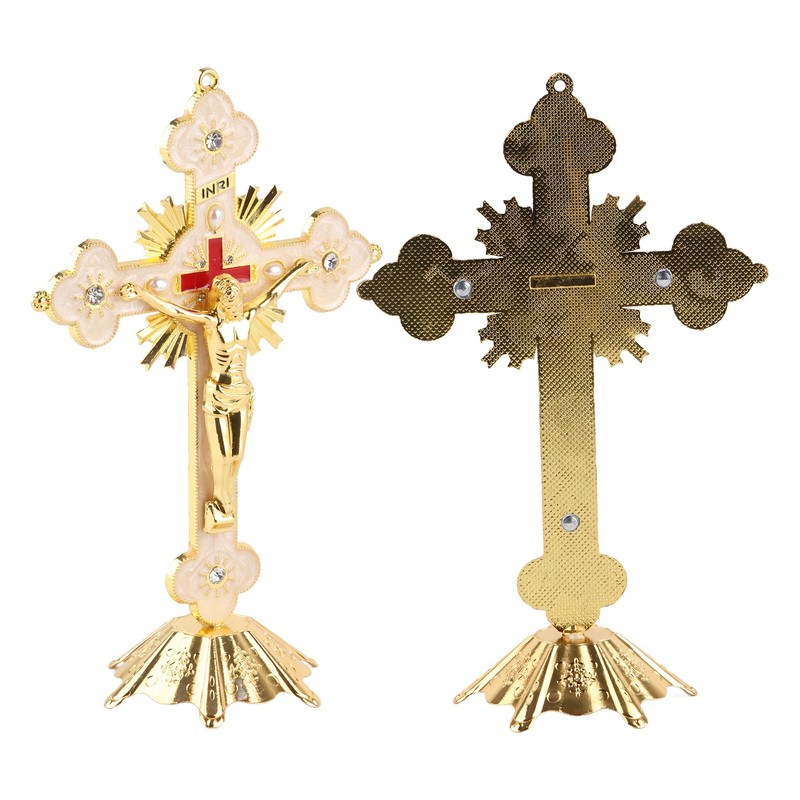 Metal Standing Cross Red Rhinestone Decoration Exquisite Retro Elegance Standing