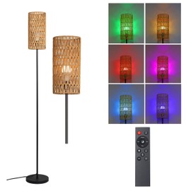 Ruiever Floor Lamp for Living Room,Farmhouse Rattan Floor lamp,RGB Standing Lamp with Hand-Worked Rattan Shade,Black Tall Lamp with Remote Control