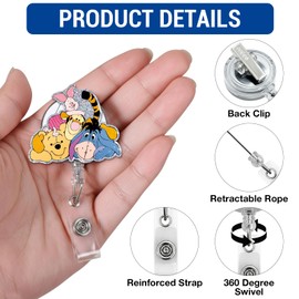 Pooh Bear Badge Reel, Cute Badge Reels Retractable for Nurse Doctor Teacher Student Office Worker ID Card Decor, Friendship Gifts for Friends