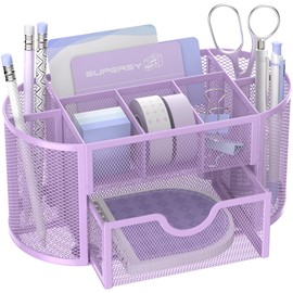 SUPEASY Mesh Desk Organizer, Desk Accessories & Workspace Organizers with Drawers, Pencil Holder for Desk with 9 Compartments for Office Suppliess, 8.6 x 4.3 x 4.1 Inch, Purple