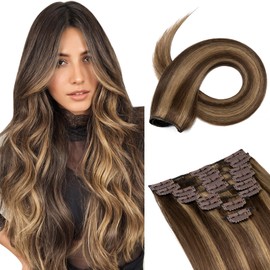 Benehair Human Hair Clip in Extensions Balayage Medium Brown Mix Dark Blonde Highlight Hair Extensions for Women Long Straight Remy Natural Full Head 8pcs 10inch No Tape No Glue #4P27