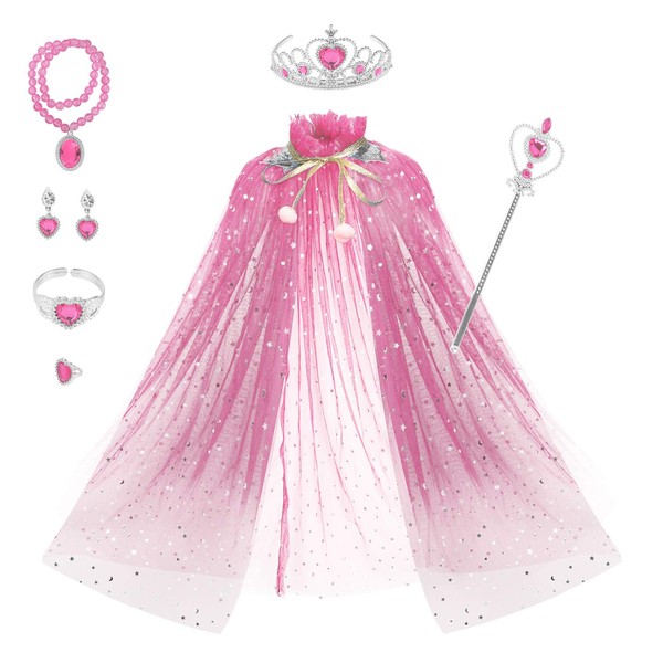 Fedio Princess Cape Set 7 Pieces Girls Princess Cloak with Tiara Crown, Wand for Little Girls Dress up (Pink)