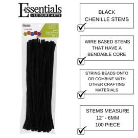 Essentials By Leisure Arts Chenille Stems Black, 12 Inch 6mm, Bendable Craft Pipe Cleaners for DIY Projects, Dolls, Ornaments, Jewelry, and Decorations, 100 Pack
