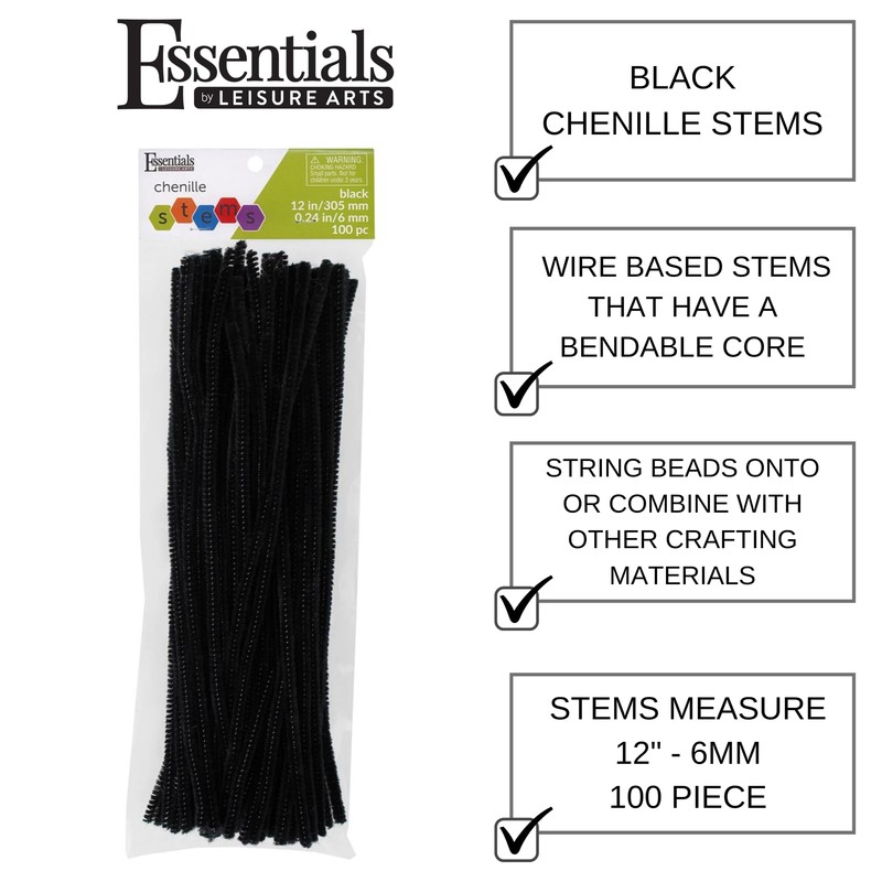 Essentials By Leisure Arts Chenille Stems Black, 12 Inch 6mm,