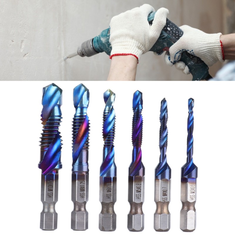6pcs Spiral Tap Drill Bit Set Blue Plating Coating Hex