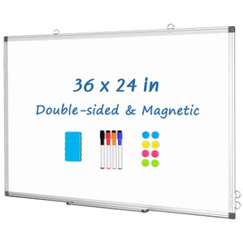 DOLLAR BOSS Dry Erase Whiteboard, 36 x 24 Inch Double-Sided Magnetic White Board for Wall Silver Aluminum Frame for Office School Home with 8 Magnets 4 Markers 1 Eraser 1 Detachable Pen Tray
