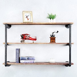 OLDRAINBOW Floating Shelves for Wall Industrial Pipe Shelving,Pipe Shelves with Wood Shelf,Metal Floating Shelf Wall Mounted,Hanging Book Shelves(3 Tier,42in)
