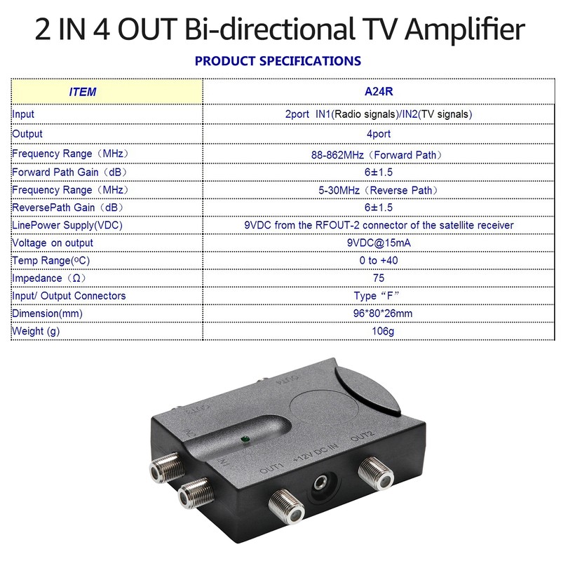 Bi-directional TV Amplifier 2 Inputs TV Antenna Signal Booster with