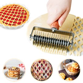 Stainless Steel Lattice Cutter and Roller - Baking Tool for Pizza, Pie, Bread, Pastry Crust with Wood Handle