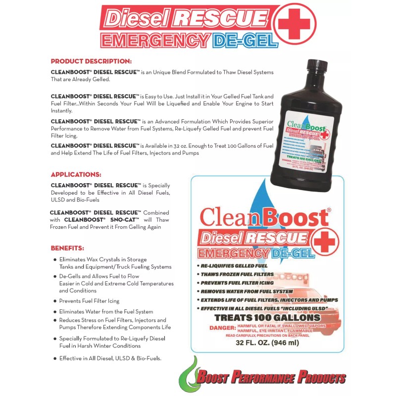 CleanBoost® Diesel Rescue™ 32oz EMERGENCY DE-GEL Treats 100 Gallons