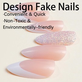 Press on Nails Medium Almond SWEKKE French Tip Fake Nails Nude Full Cover White Gradient False Nails with Nail Glue Glitter Glossy Glue on Nails Acrylic Manicure Artificial Nails for Women Girls