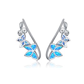 WINNICACA Ear Climbers Earrings for Women Sterling Silver Climber Earrings Created Blue Opal Ear Butterflies Crawler Earrings for Women Butterfly Stud Earrings for Women