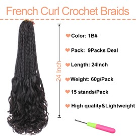 Mscat French Curl Crochet Braids 24 Inch Goddess Box Braids Crochet Hair for Women 9 Packs Pre Looped Crochet Box Braids with Curly Ends Synthetic French Curly Braiding Hair Extensions 1B#