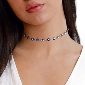 TseenYi Evil Eye Choker Necklace Boho Evil Eye Beads Necklace Short Choker Necklace Chain Jewellery for Women and Girls Gifts (Silver)