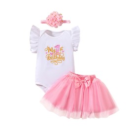 Magic Park 9-12M Baby Girl 1st Birthday Outfits Girls My First Birthday Clothes One Birthday Bodysuit Skirt Set With Headband (1st Tops Pink Skirt, 9-12 Months)