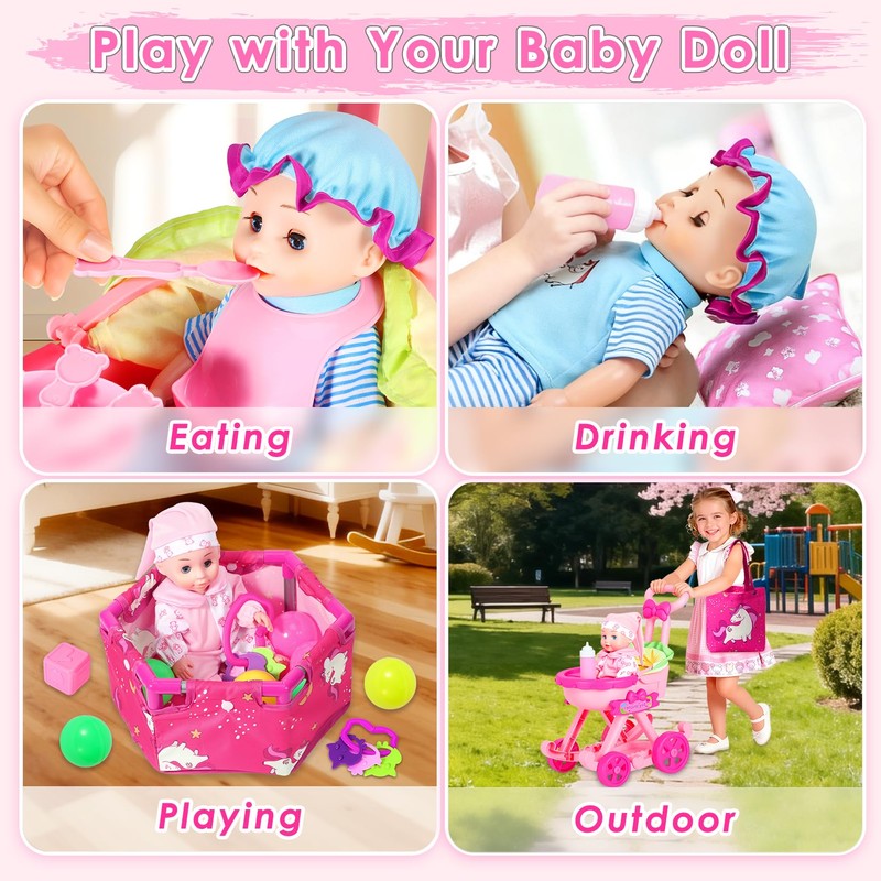 Baby Doll Stroller Toys Set,17 PCS Pretend Play for Girls