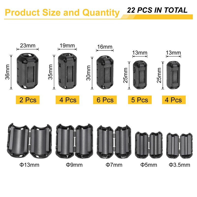 MECCANIXITY 22Pcs 5 Sizes Clip-on Ferrite Ring Core, Ferrite Bead