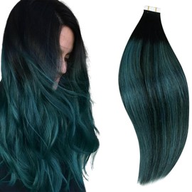RUNATURE Ombre Tape in Hair Extensions Human Hair Black to Teal Ombre Hair Extenions Tape in Real Human Hair Skin Weft Balayage Black Rooted Tape in Extensions for Highlight 18 Inch