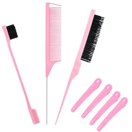 JEYORZY 3-Piece Hair Comb with 4 Pieces Duck Beak Clips, Double Edge Comb, Rat Tail Comb, Bristles Haircut Hair Comb, Hairdresser Comb Hair Brush, for Hairdresser, Home (Pink)