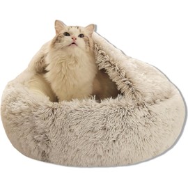20inch Calming Pet Beds, Dog Bed & Cat Cave Bed with Hooded Cover, Cozy, Machine Washable, Anti-Slip&Waterproof (Grey)