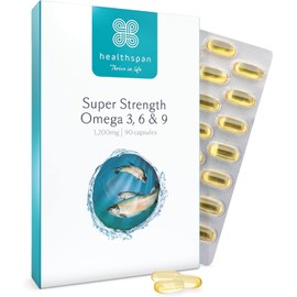 Healthspan Super Strength Omega 3, 6 & 9 1,200mg (90 Capsules) | Brain, Eye & Heart Health | Omega 3, 6 & 9 Fatty Acids | Premium Fish, Borage & Extra-Virgin Olive Oils | Sustainably Sourced